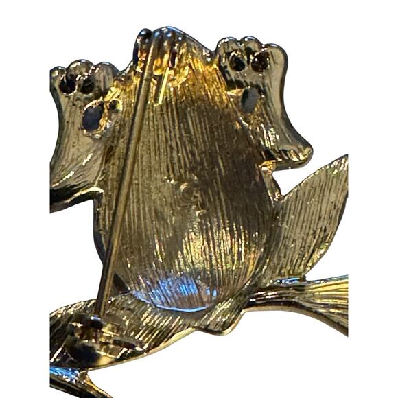 Vtg Lauren Conrad Enamel Leaping Frog Brooch Gold Tone Rhinestone Pin Signed LC - Picture 5 of 12
